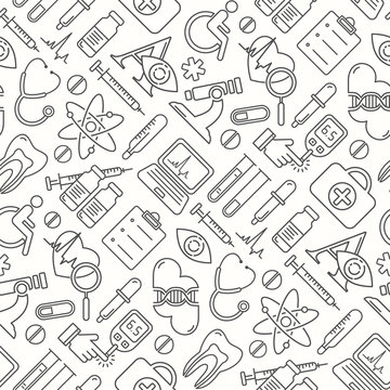 Vector medicine and health design seamless pattern with modern linear icons. Medical background contains line style symbols.