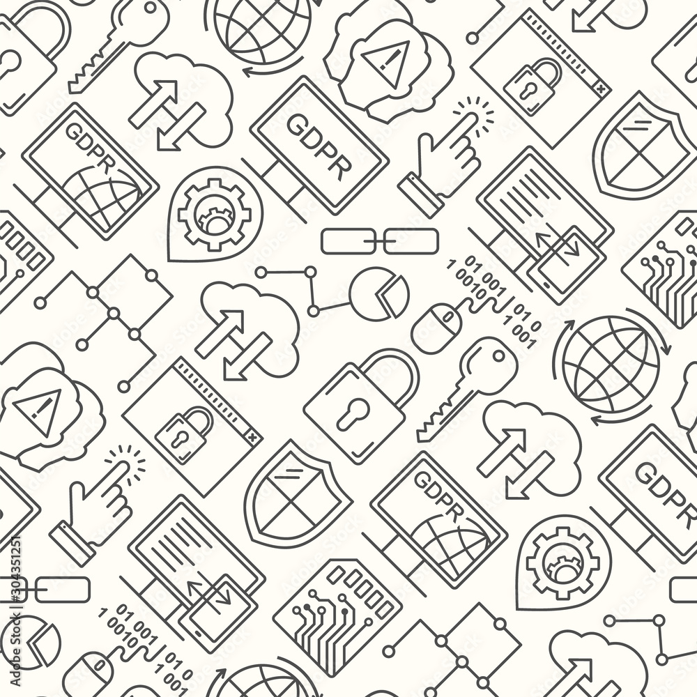 Poster vector gdpr - general data protection regulation seamless pattern with line style icons. web privacy