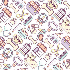 Line style vector seamless illustration with pets icons. Linear vet pattern on white. Line style veterinarian background. Goods for cats and dogs.
