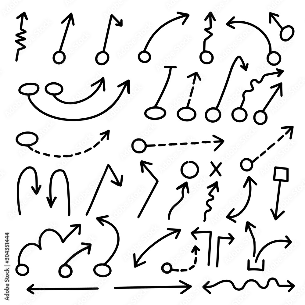 Aufkleber arrows hand drawn doodle vector set. sketch arrow design for application, banner, print screen, pen 