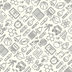 Seamless vector school background. Education pattern with modern line style colored icons.