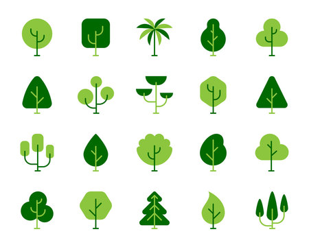 Green tree spring plant birch oak vector icon set