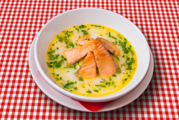 Creamy salmon fish soup with green vegetables