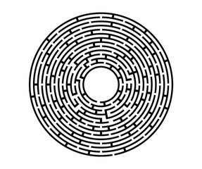 Black vector labyrinth in flat style on an isolated white background. Round maze puzzle. A game for the of logic, intelligence, find the way exit from the circle.