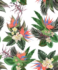 Fotobehang Tropische Bladeren Watercolor painting seamless pattern with exotic palm leaves and bird of paradise flowers. Tropical summer background  © ramiia