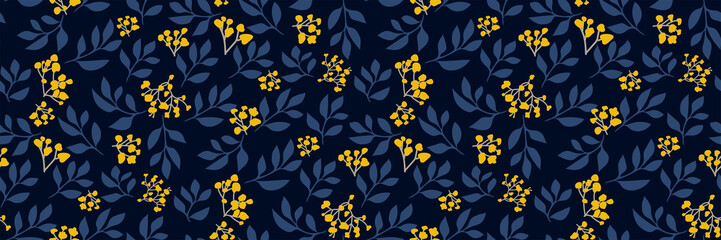 Floral seamless pattern with small yellow flowers, tree branches on dark background. Retro botanical print. Vector hand-drawn illustration. Modern vintage design, Wallpaper, fabric, backdrop...