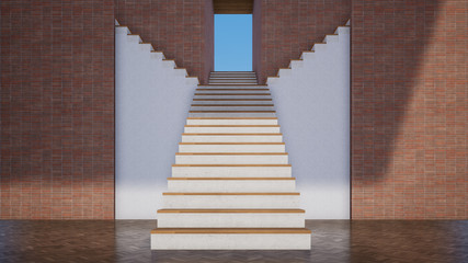 stairway in a room interior design, brown brick wall, background 3d rendering