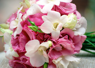 Round Posy Bridal Bouquet of Pink Lisianthus Flowers and Soft Pink Dendrobium Orchids. Wedding Flowers. 