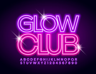 Vector stylish sign Glow Club. Violet neon Font. Electric Alphabet Letters and Numbers