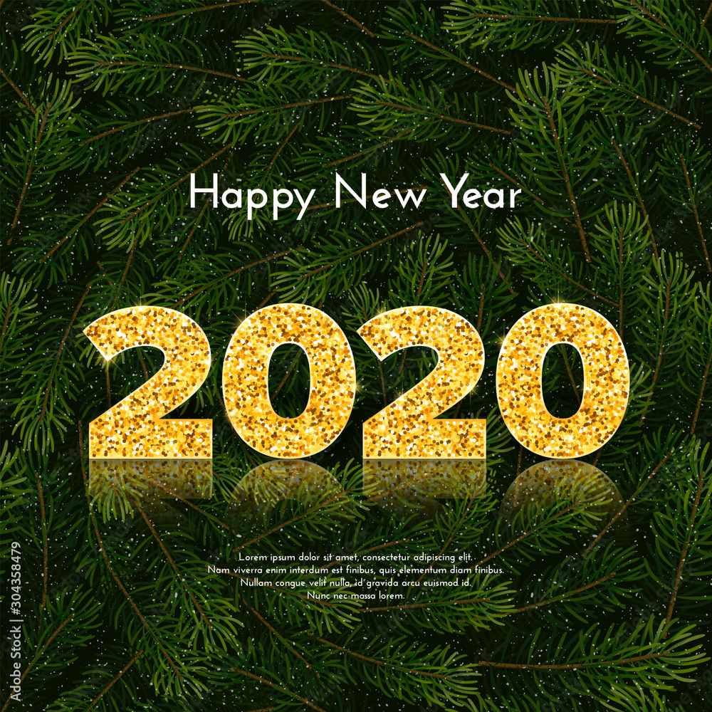 Wall mural holiday gift card happy new year. golden numbers 2020 on fir tree wreath background. celebration dec