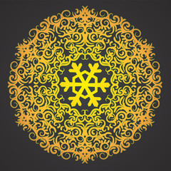 Christmas background with snowflake and Oriental mandala pattern on black isolated background. Vector image.