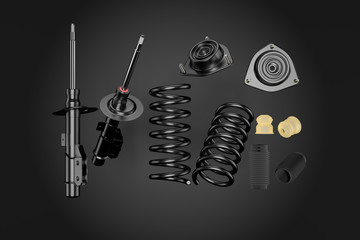 3D rendering. Passenger car Shock Absorber with dust cap, buffer mounting and strut mounting - new auto parts, spare parts. Spare parts for shop, aftermarket OEM