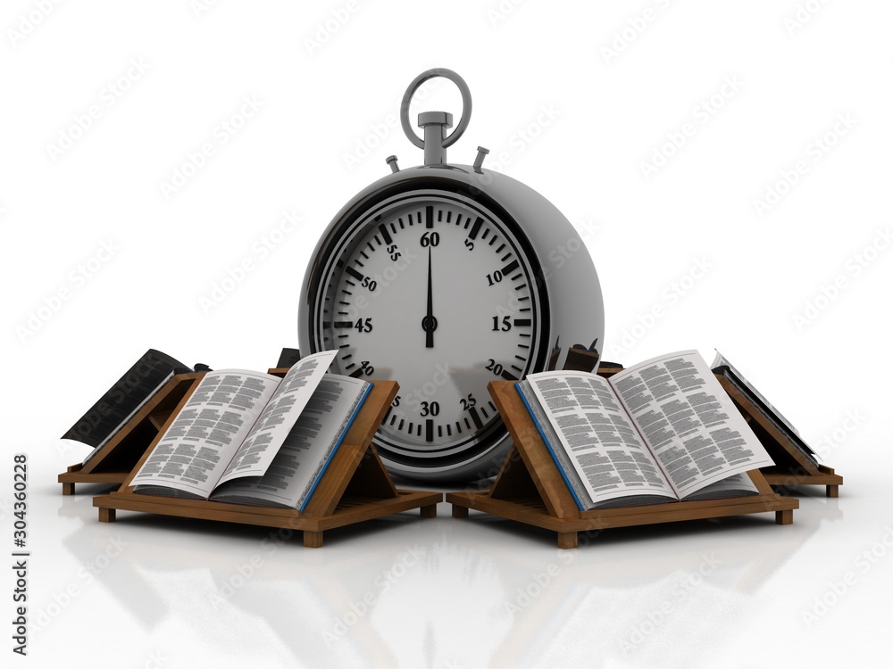 Poster 3d rendering groups od book with stopwatch