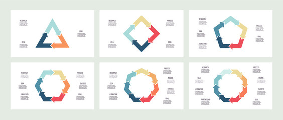 Business infographics. Polygon charts with 3, 4, 5, 6, 7, 8 parts, options. Vector templates.