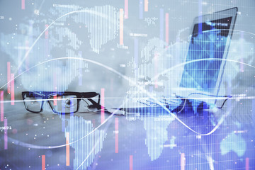 Multi exposure of business theme icons and table with computer background. Concept of success.