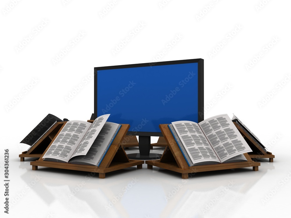 Poster 3d rendering book with laptop