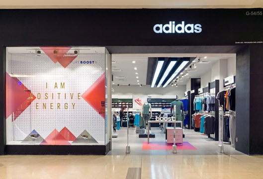 Kota Kinabalu, Malaysia - October 15, 2017 - Adidas store in Imago Mall  Sabah, Adidas AG is a German corporation, the largest sportswear  manufacturer in Europe and the second biggest in the