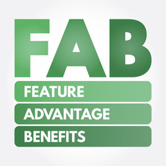 FAB - Feature Advantage Benefits acronym, business concept background