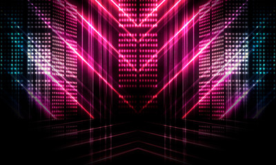 Neon light. Background of empty show scene. Empty dark modern abstract neon background. Glow of neon lights on an empty stage, diodes, rays and lines. Lights of the night city. Colorful neon.