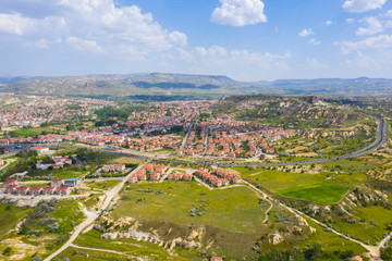 aerial view of Uchisar Castle in Cappadocia Goreme Valley