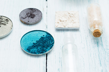 hygiene and beauty product samples, powder compact, spray, soap, moisturizer