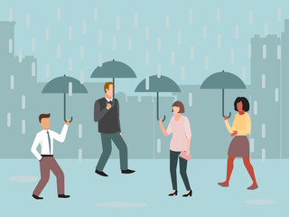 Urban people under umbrellas in rainy day vector illustration. Rain, grey clouds and bad weather in the cities.