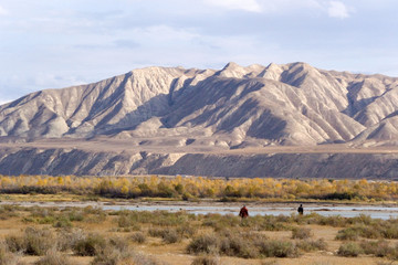The wide valley of the river with dried grass, in the distance are visible - two human figures, yellow autumn trees and extraordinary beautiful velvety mountains, Kyrgyzstan