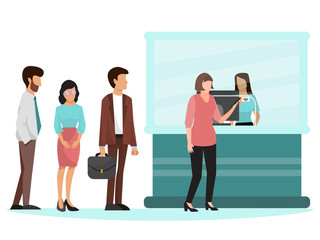 People standing in queue in bank vector illustration. Group of businesspeople stand in line near bank clerk window. Different persons to queue up