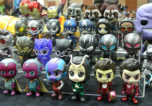 KUALA LUMPUR, MALAYSIA -OCTOBER 6, 2018: Selected focused of cute and small Avengers superhero character action figure from Marvel Iron Man comics and movies. Displayed by collector for public. 