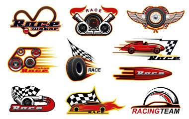 Car races, motor street racing engine and wheel fire flame icons. Vector racing team club symbols, sportcar bolid burning flame and speedometer, rally drift drag races championship