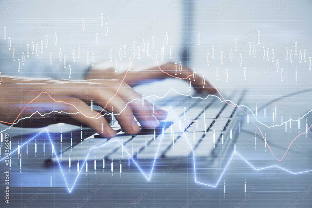 Poster forex graph with businessman working on computer in office on background. concept of hardworking. cl