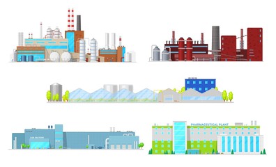 Inustrial buildings and factory facilities. Industrial plant vector icons of oil refinery, coal mining, car manufacturing and machine engineering, pharmaceutical industry