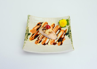 Sushi smoked Hotate cheese with cherry and mayonnaise sauce