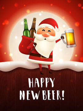 Happy new beer greeting card. Vector poster with drunk Santa holding craft beer mug and a sack with beer bottles. Christmas moonlight background.