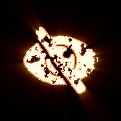 Symbol eye slash burned on a black background. Bright shine