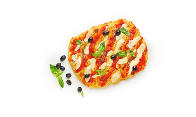 Square pizza or pinza with melted mozzarella cheese, red cherry tomatoes and fresh green basil leaves on white background, top view