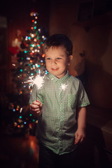 boy in a green shirt holds a Christmas fireworks in his hands and smiles, blurres tree on backgroung