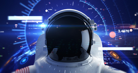 Futuristic Astronaut Wearing Helmet In Infinite Space. Computer Codes Around. Planet Earth Is Orbiting On Background. Technology Related 3D Illustration Render