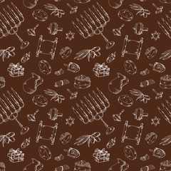 Seamless pattern with traditional hand drawn elements. Happy Hanukkah sketch objects. Vector illustartion
