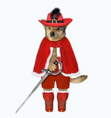 The dog musketeer in a red cloak, a hat with a feather and boots has a sword. White background. Isolated.