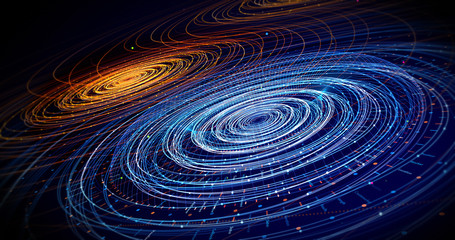 Abstract Digital Lines Flowing. Creative Technology Related Background Render. Shiny Glowing Shapes With Particle Effects. 3D Illustration Render