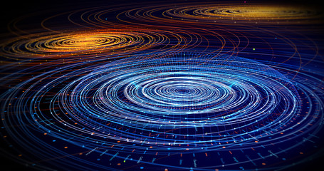 Abstract Digital Lines Flowing. Creative Technology Related Background Render. Shiny Glowing Shapes With Particle Effects. 3D Illustration Render