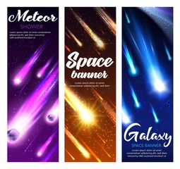 Space meteor shower with comets, stars and asteroids falling in night sky. Vector starry galaxy and universe planet banners with shooting fireballs, meteorite with bright speed trails, sparkles © Vector Tradition