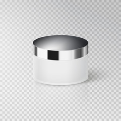 Cream container or jar with silver cover isolated on transparent background. Vector cosmetic product package template