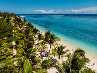 Luxury beach in Mauritius. Sandy beach with palms and ocean. Aerial view