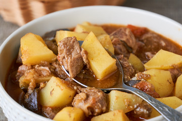 Beef stewed with potatoes and eggplants