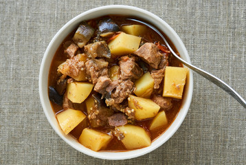 Beef stewed with potatoes and eggplants
