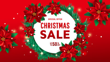 Creative card with red poinsettia flowers and a white round frame on a red burgundy background with sale text.