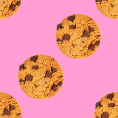 Chocolate chip cookies, gluten free, a seamless repeat pattern on a vibrant pink background