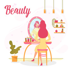 Makeup in Women Beauty Salon Flat Vector Banner